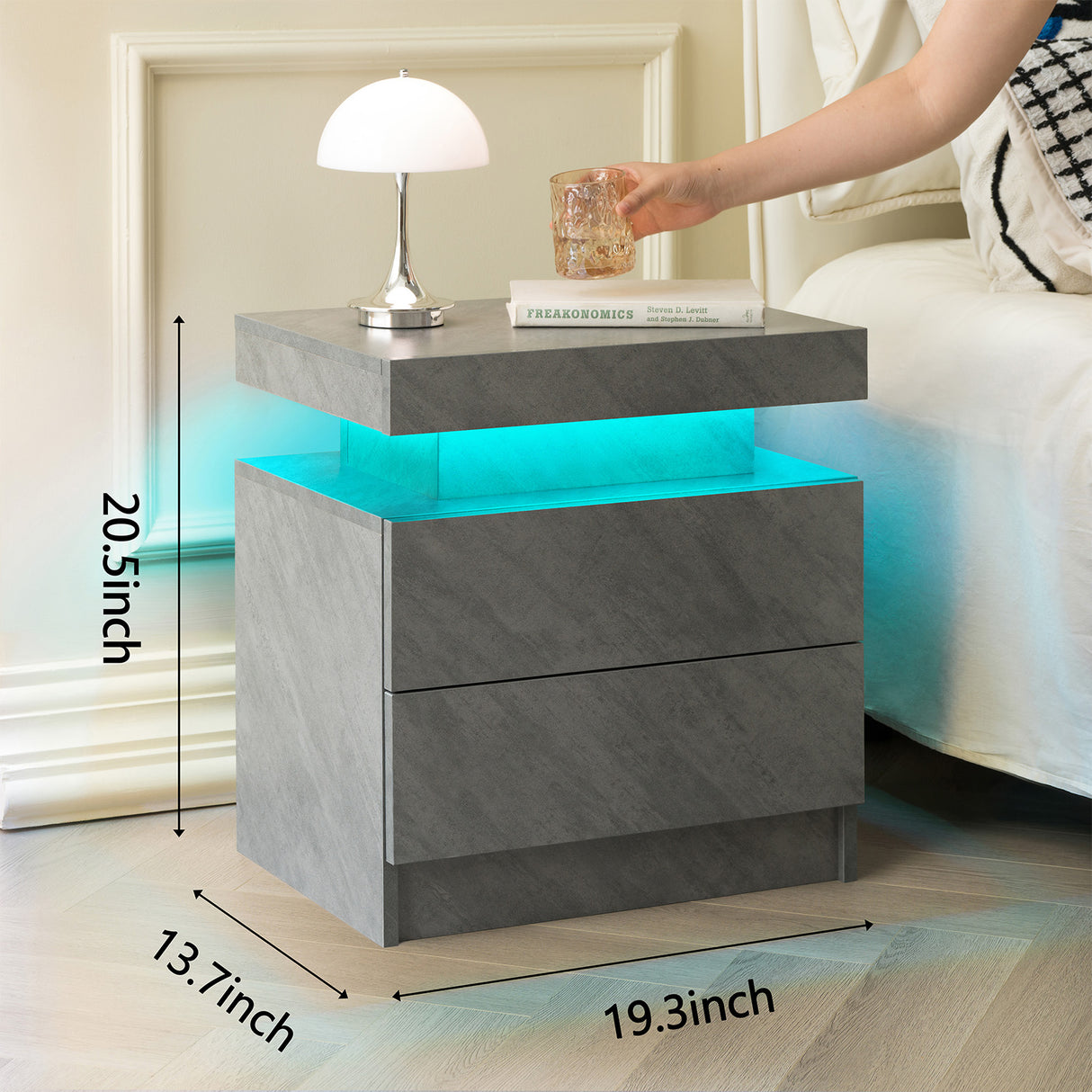 Modern LED Nightstand with 2 Drawers in Deep Gray