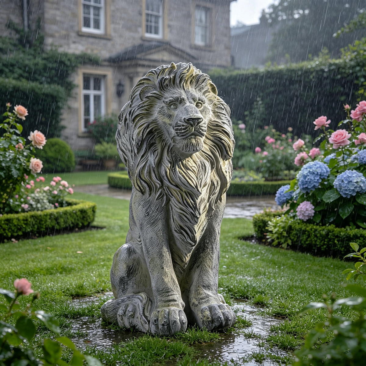 Outdoor Lion Statue with Antique Finish - Stone White