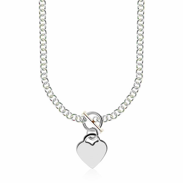 Sterling Silver Rhodium Plated Rolo Chain Necklace with a Heart Toggle Charm