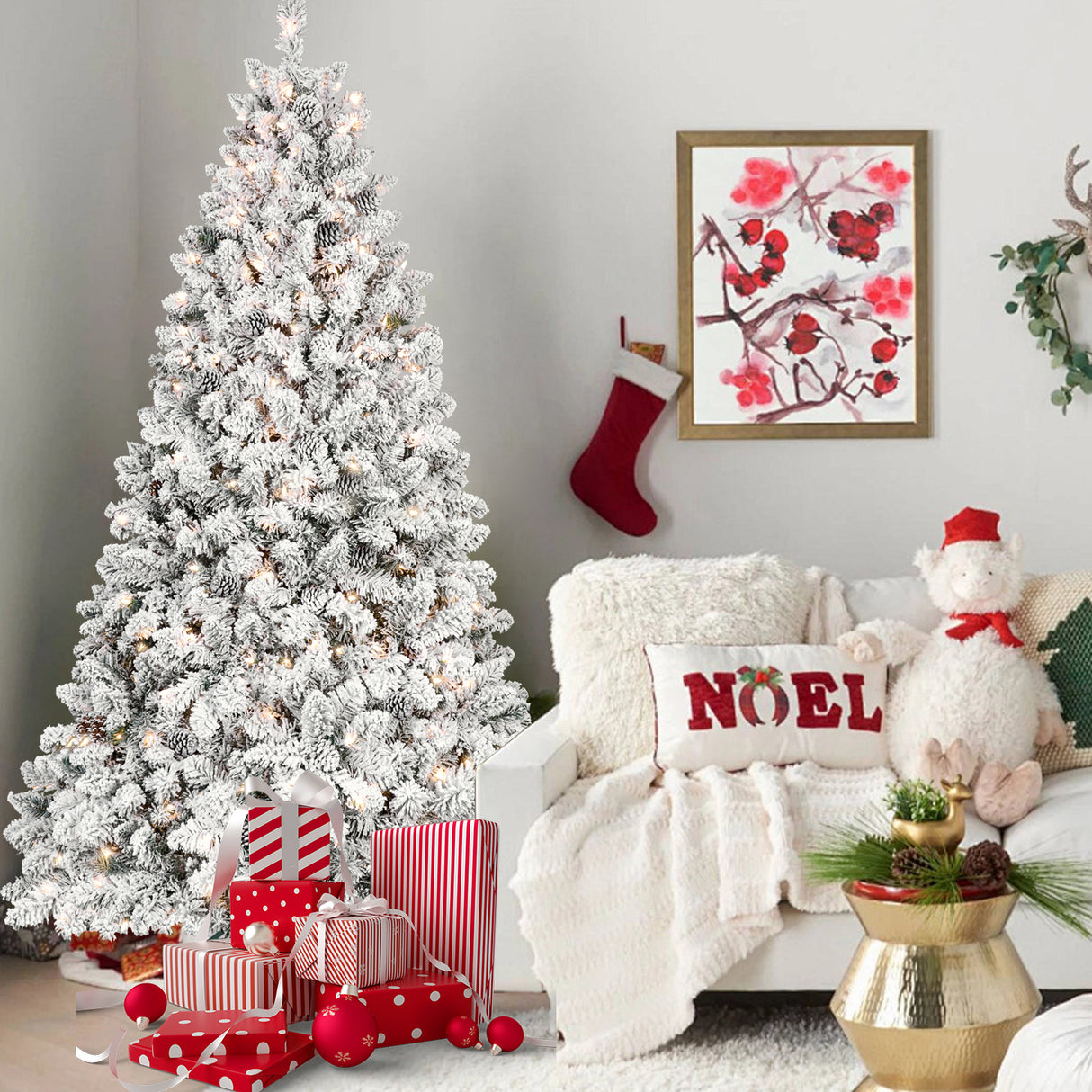 4.5FT Flocked Christmas Tree with 250 UL Lights and 24 Pine Cones