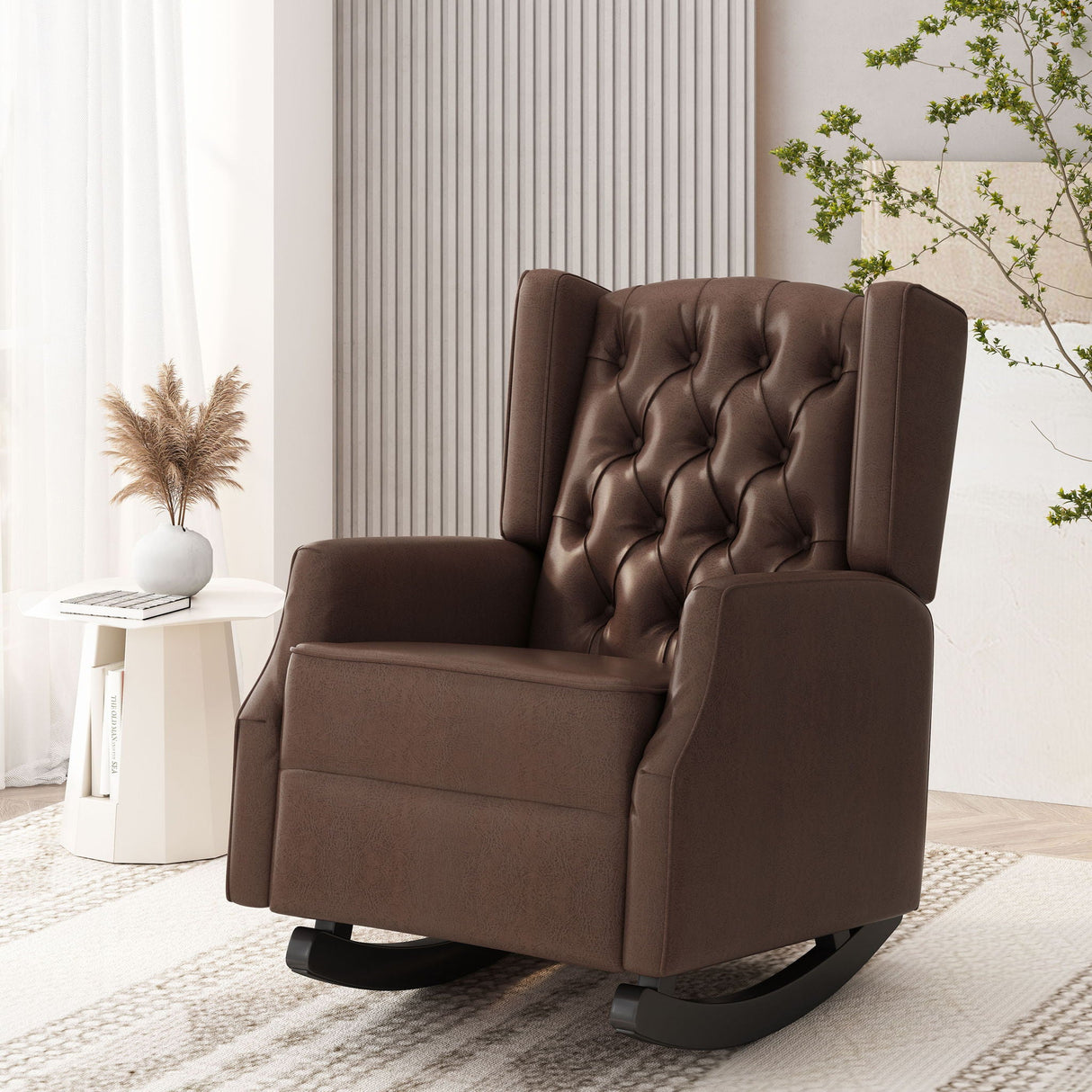 Amedou - Contemporary Tufted Wingback Rocking Chair - Dark Brown - Best Buy Furniture