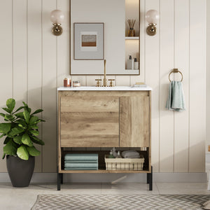 Bathroom Vanity Cabinet With Sink, Sliding Drawer, Soft Closing Door, Open Shelf - Natural Wood