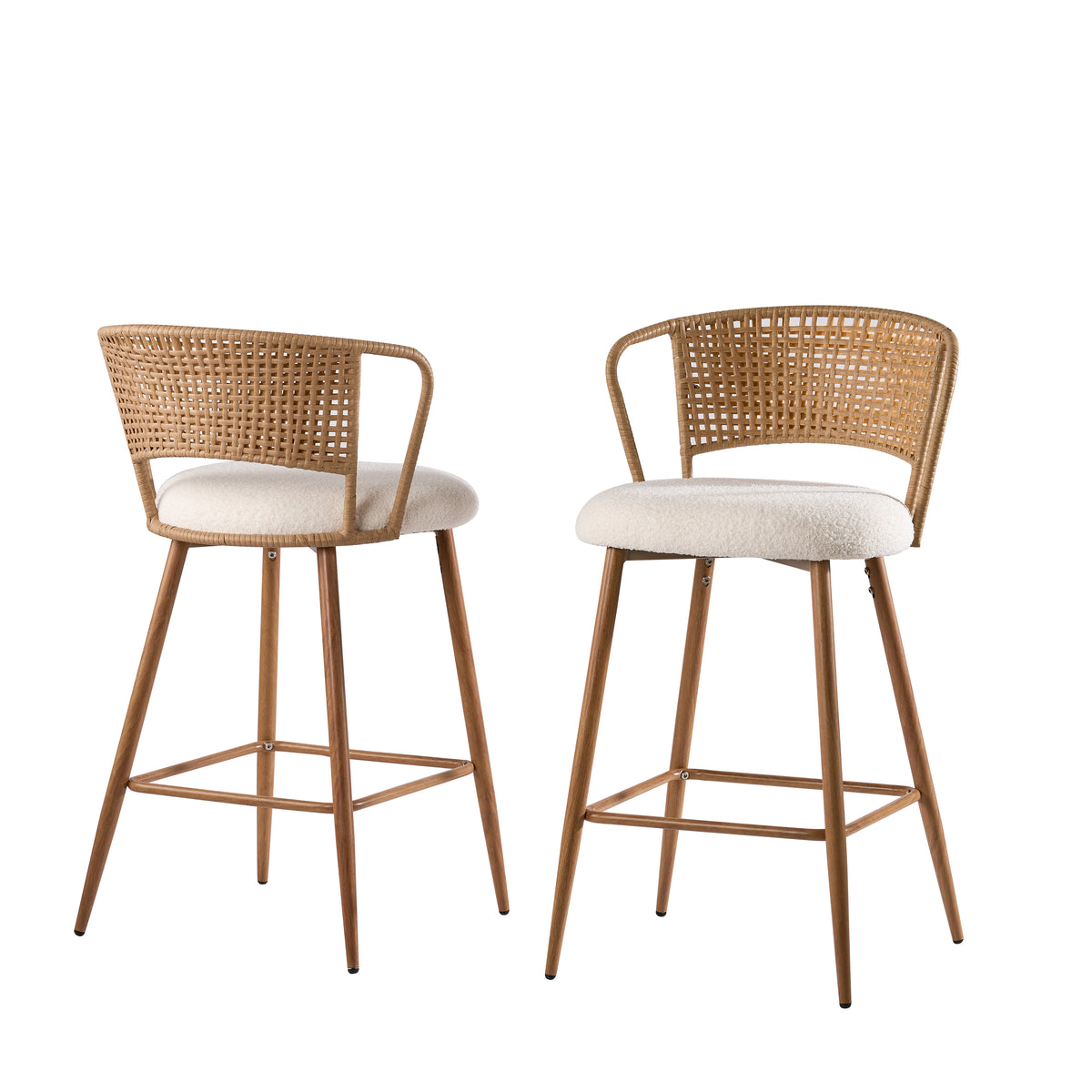 Set of 2 Modern Upholstered Bar Stools with Rattan Backrest