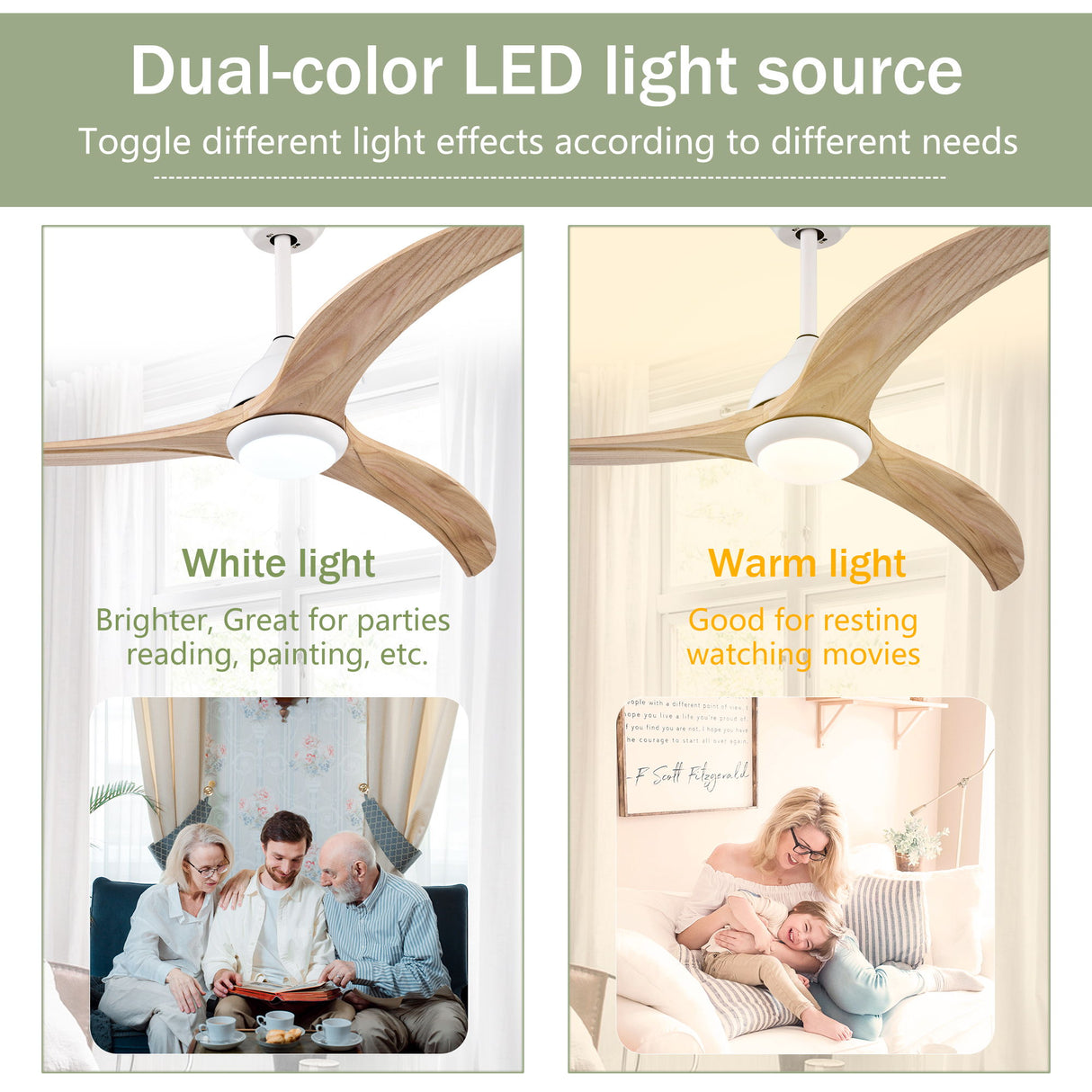 Indoor Outdoor Ceiling Fan With Light With Remote Control, Noiseless Reversible Motor, 6 Speed, 3 Color