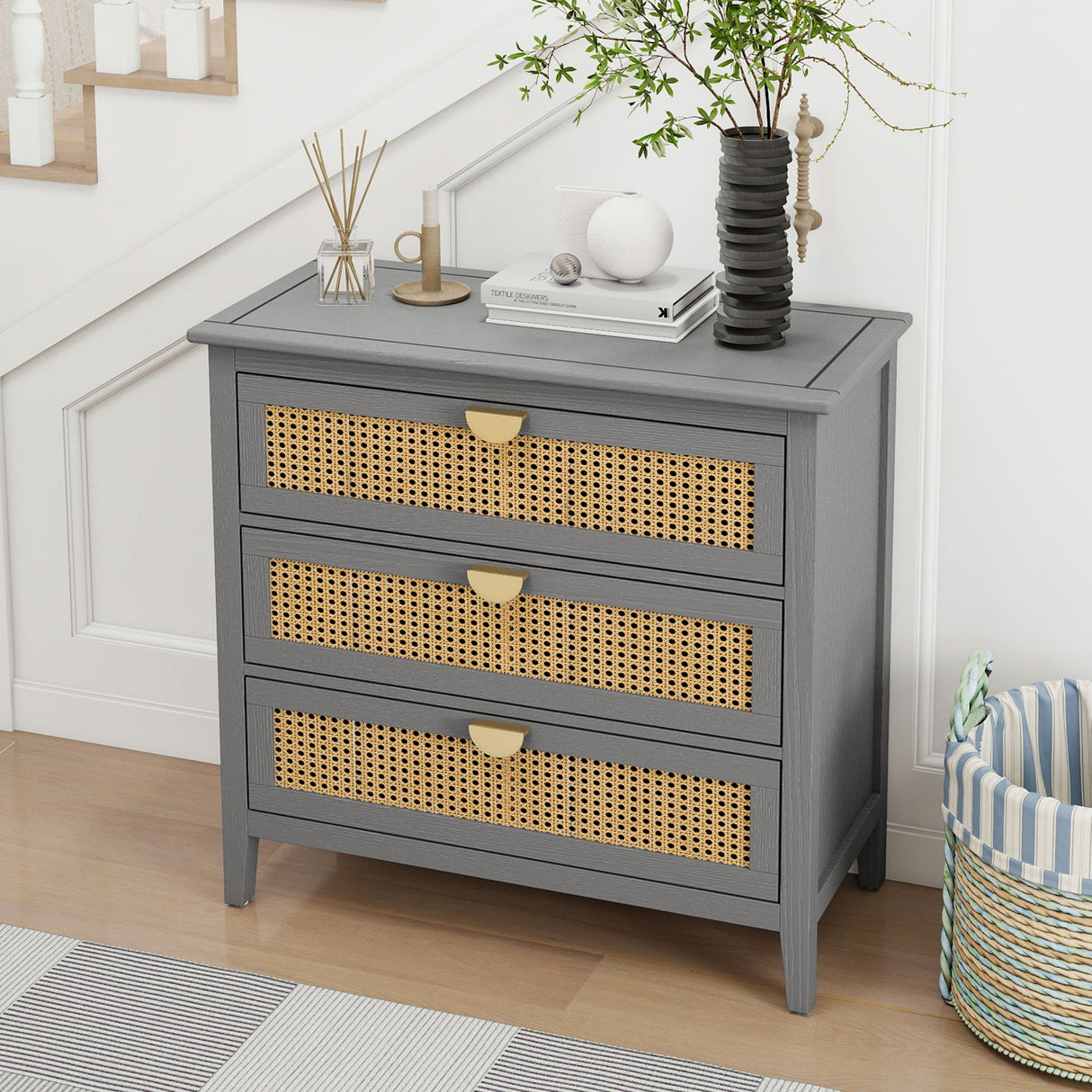 3 Drawer Cabinet, Natural Rattan, American Furniture
