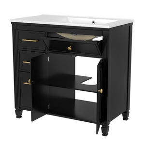 Modern Bathroom Vanity With Ceramic Sink, Freestanding, One Tip Out Drawer, 3 Side Drawers, Adjustable Shelf
