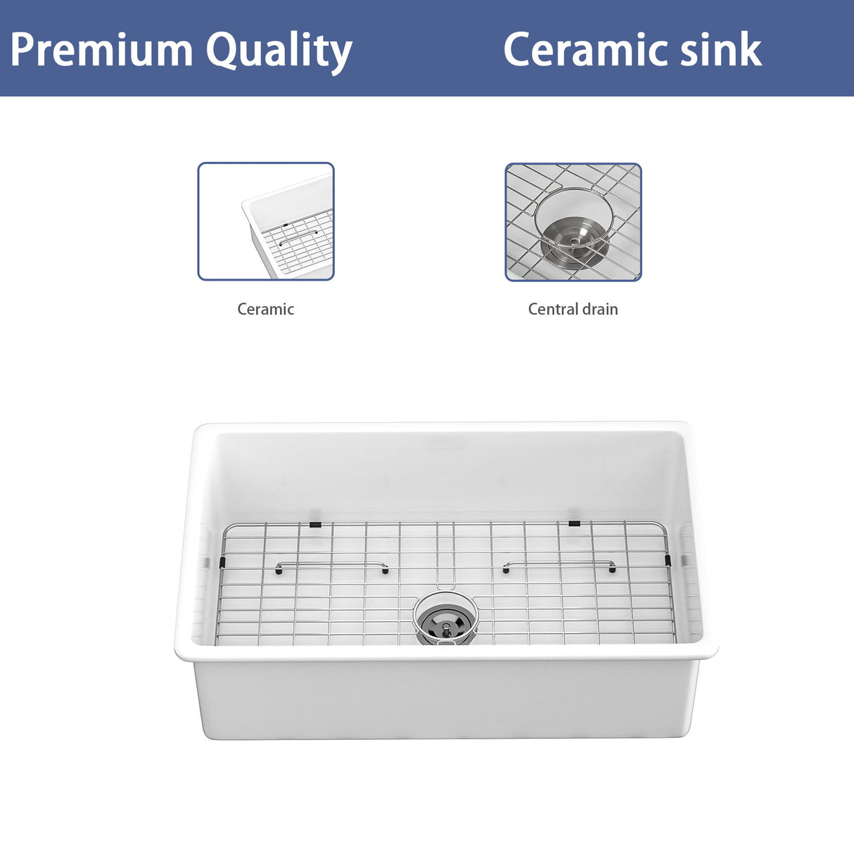 Elegant Farmhouse Apron Front Ceramic Single Bowl, Kitchen Basin