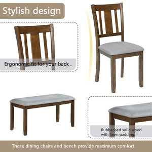 6 Pieces Kitchen Dining Set, Rectangular Wooden Dining Table With 4 Upholstered Chairs And A Bench
