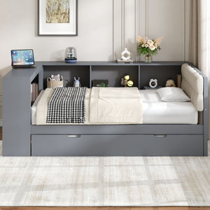 Upholstered Headboard Platform Bed with Storage Shelves, Trundle, and Charging Station
