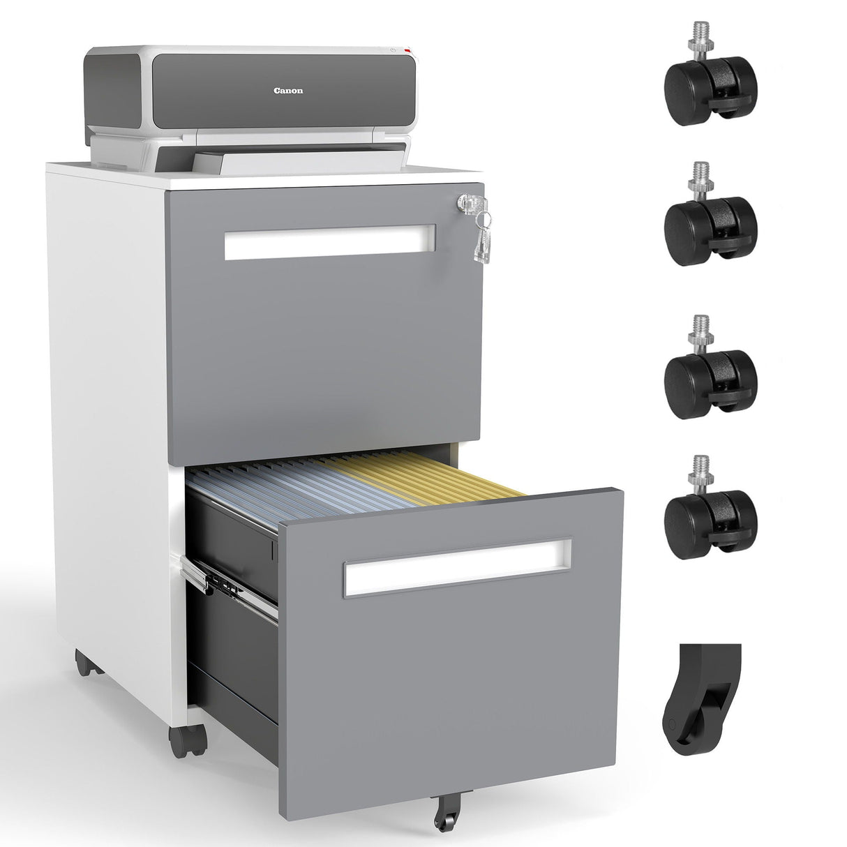 2-Drawer Mobile File Cabinet With Lock, On 360° Wheels, Holds A4/Letter/Legal Files - White