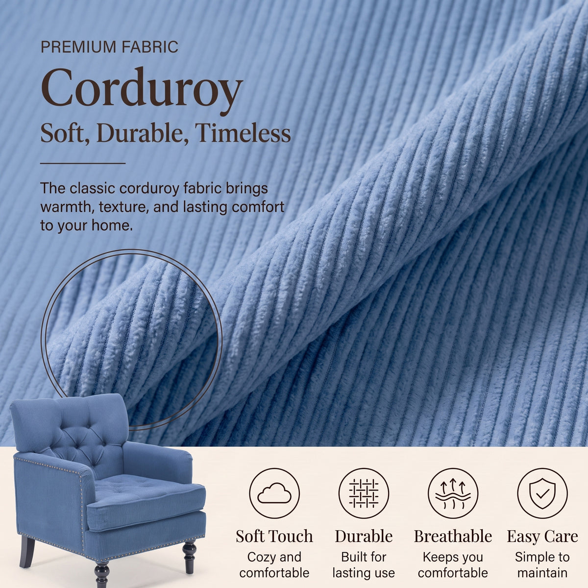Modern Accent Chair, 26.5-Inch Wide, Blue Corduroy