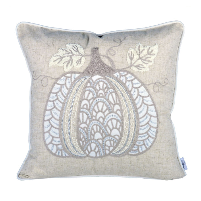 Lace Embroidered Pumpkin Throw Pillow with Linen-Blend Fabric - Natural