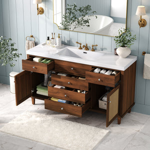 60-Inch Bathroom Vanity with SMC Sink, Brown Solid Wood and MDF, Soft-Close Drawers