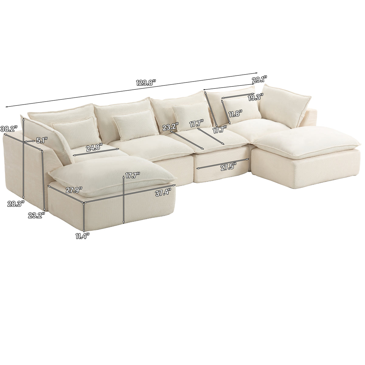 129.8" Width Cloud Couch Oversized Modular Sectional Sofa