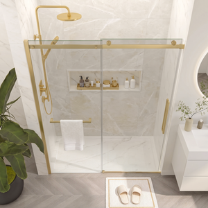 Frameless Sliding Shower Door, 56-60 Inch, 8mm Tempered Glass, Brushed Gold