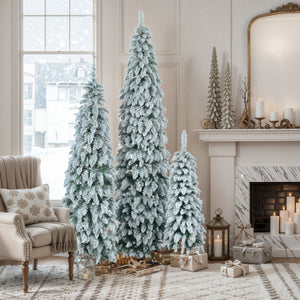 Pre-Lit Pencil Christmas Tree 3-Set, 4ft/6ft/8ft, Snow-Flocked, 290 LED Lights, White and Green