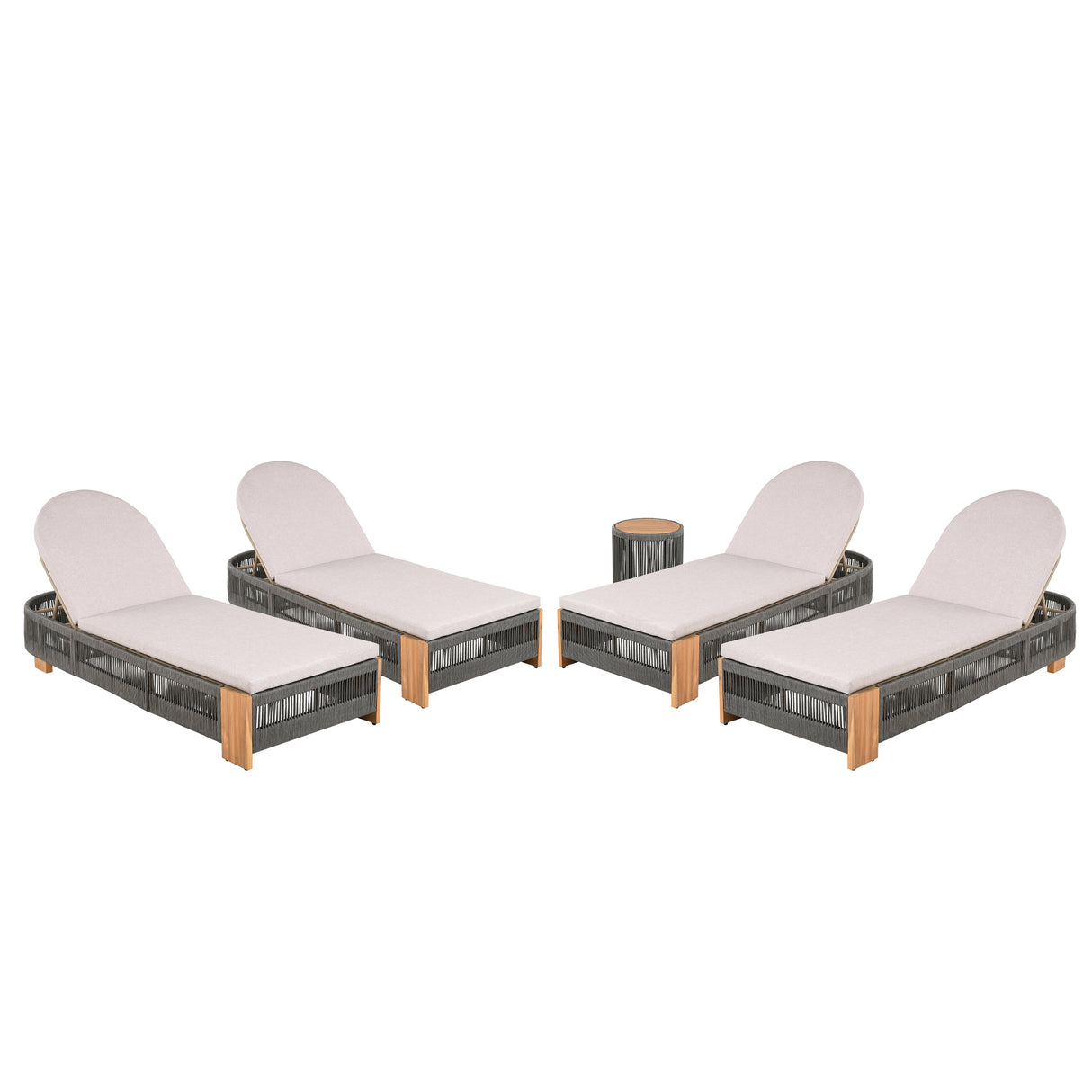 Outdoor Rope Chaise Lounge Set with Teak Look Side Table