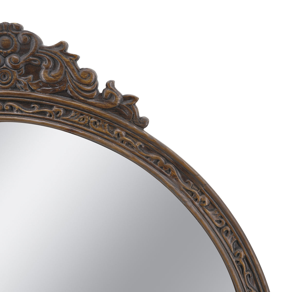31.5" Round Antique Wall Mirror with Hand-Carved Pediment - Wood