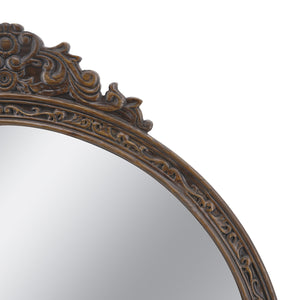 31.5" Round Antique Wall Mirror with Hand-Carved Pediment - Wood