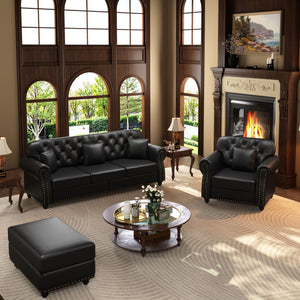 Upholstered Sofa With Nailhead Trim, Rolled Armrests With Ottoman