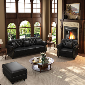 Upholstered Sofa With Nailhead Trim, Rolled Armrests With Ottoman