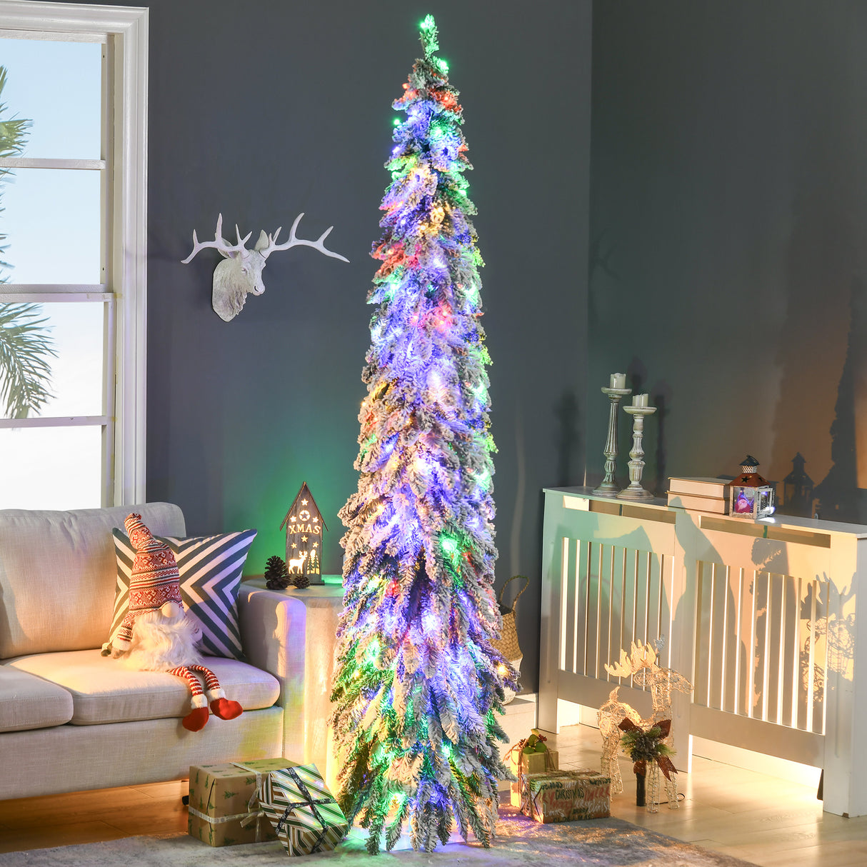 HOMCOM 7ft Tall Prelit Pencil Artificial Christmas Tree