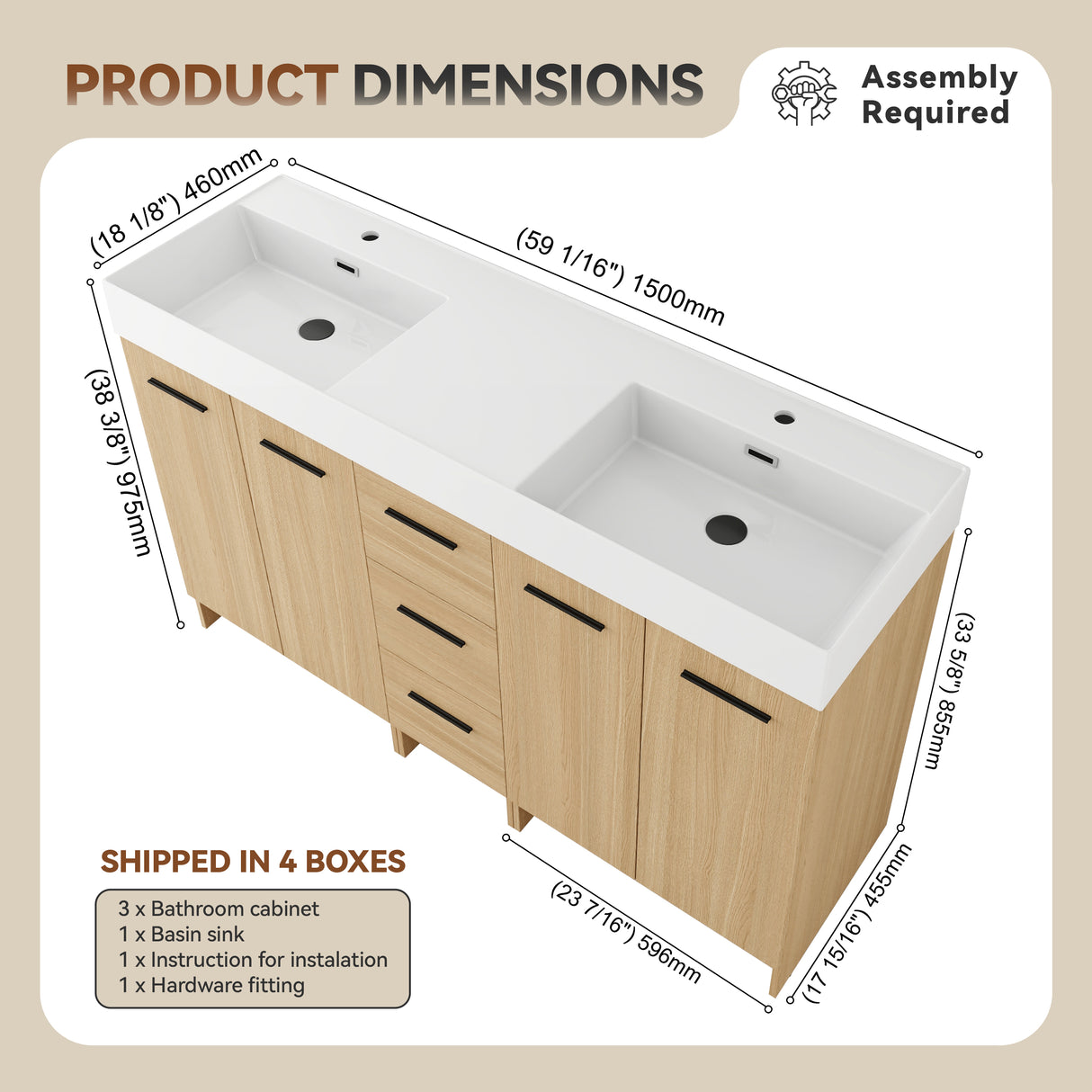60" Double Sink Bathroom Vanity with 3 Drawers and Large Storage