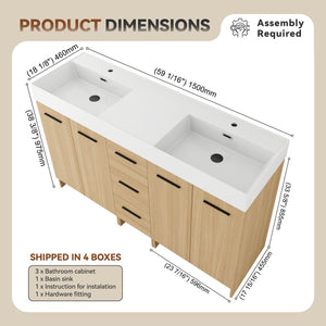 60" Double Sink Bathroom Vanity with 3 Drawers and Large Storage