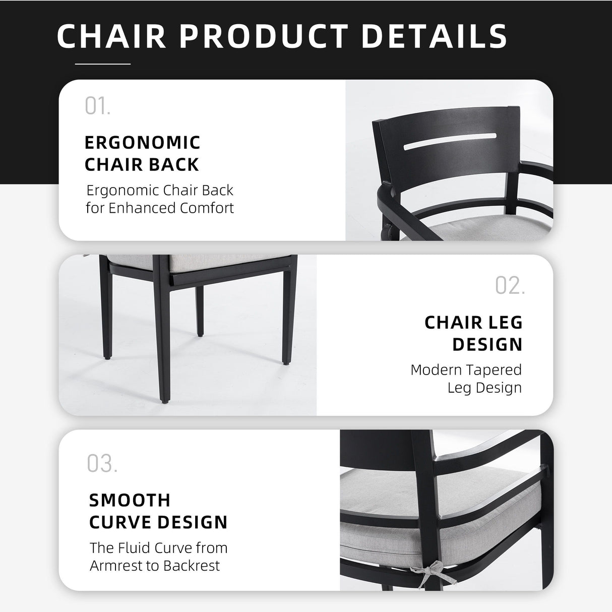 Outdoor Patio Dining Chairs With Outdoor Grade Sunbrella Fabric Cushions, Tapered Feet (Set of 4) - Ember Black