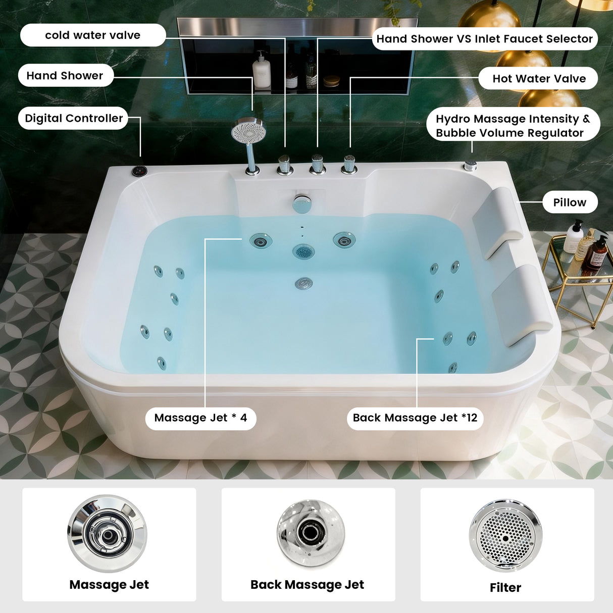 KORRA 61 Inch Acrylic Whirlpool Massage Bathtub for 2 Person
