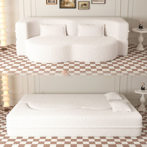 Modern Floor Sofa With 2 Pillows Convertible Teddy Fabric Foam Filled Bed