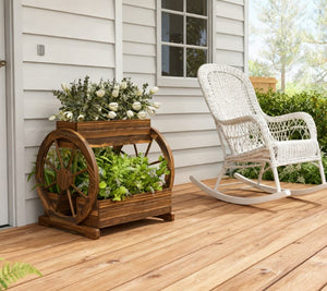Outdoor Wooden Wagon Planter Box - 3-Tier Raised Garden Bed