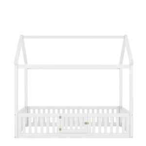 Wood House Bed With Fence And Door