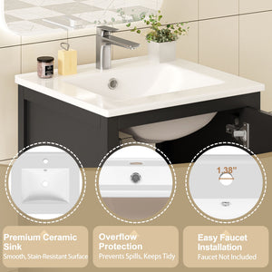 Bathroom Vanity With Ceramic Sink, Soft Close Drawers, Door Organizer, Divider Drawer, Adjustable Foot Pads