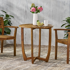 Outdoor Circular Wood Bistro Table With Curved Legs And Slat Panel Table Top - Teak