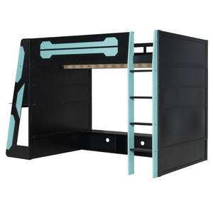 Full Size Wood Loft Bed with Desk, Multi-storage Shelves and RGB Light