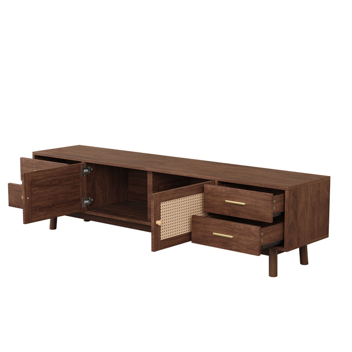 70" TV Stand with Rattan Doors & 4 Drawers - Dark Brown