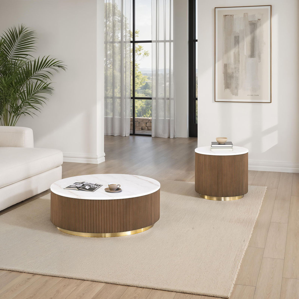 3 Piece Round Table Set With Marble Tops - Brown / Gold / White