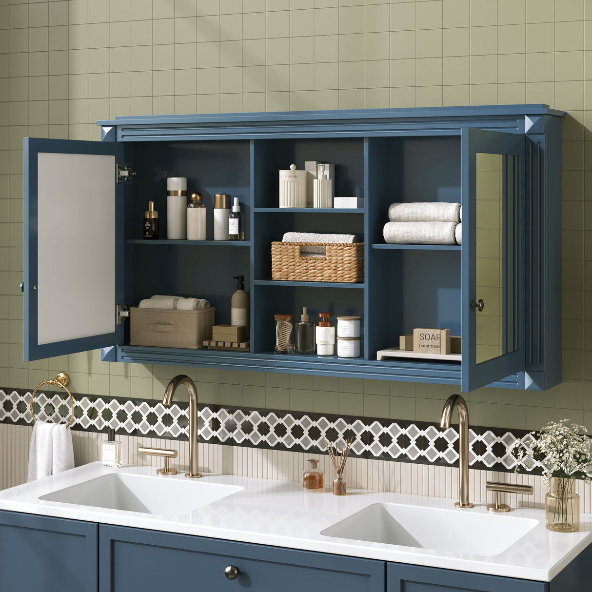 Modern Wall-Mount 2 In 1 Mirror Cabinet With Adjustable Shelves, Soft-Closing Hinges