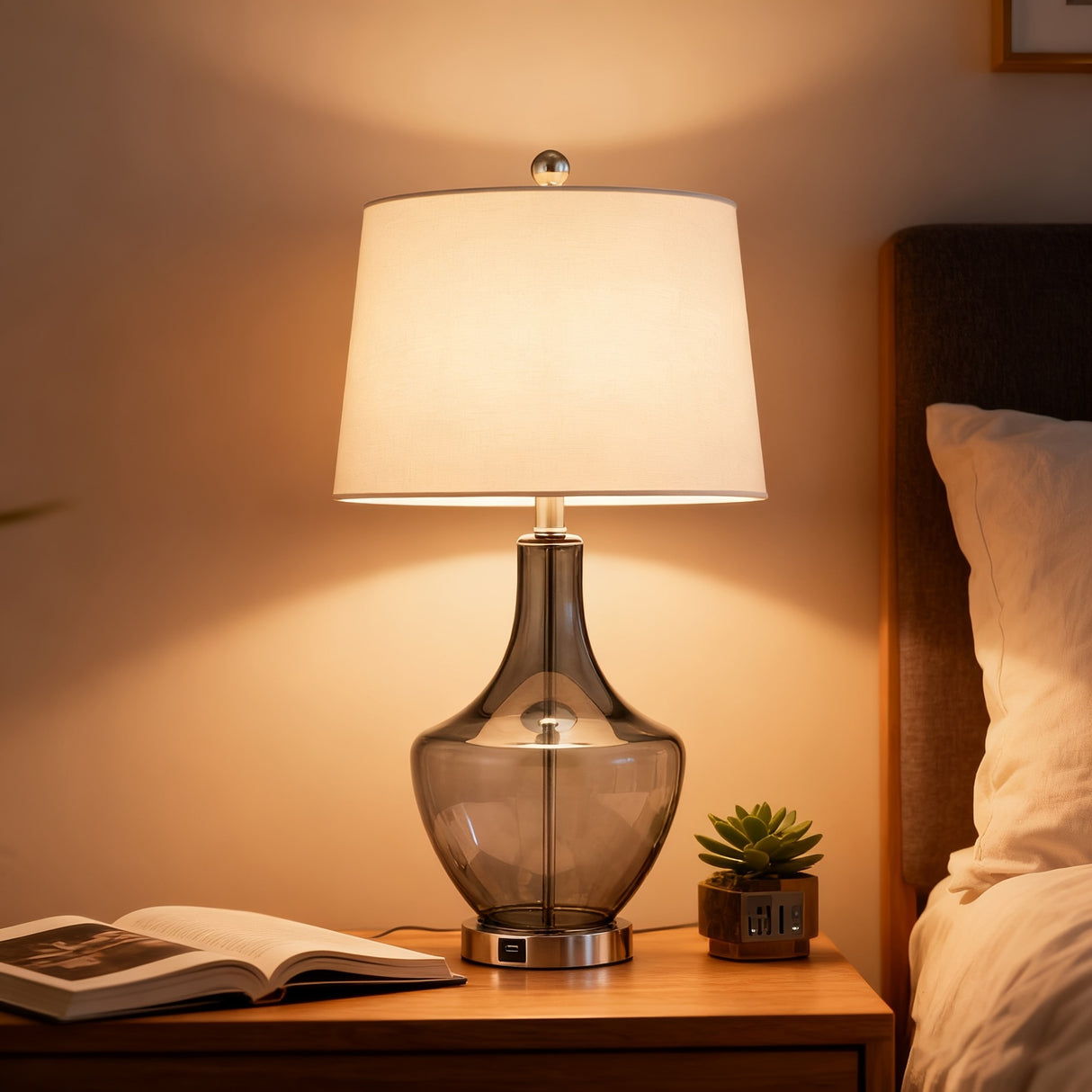 26-Inches Tall Single Glass Table Lamp with USB Charging Port