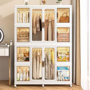 Portable Wardrobe Closet Storage Organizer For Clothes With Magnetic Doors, 12 Cubes & 2 Hanging Rods - White