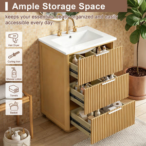 Bathroom Vanity With Sink, Open Shelf & Closed Storage - Natural Wood