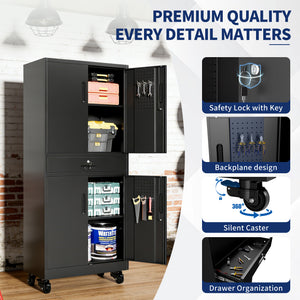 Metal Storage Cabinet with Drawer, Locking Doors, and Rolling Wheels