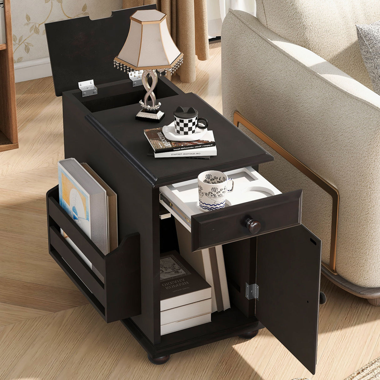 Vintage Flip Top Side Table With USB Ports