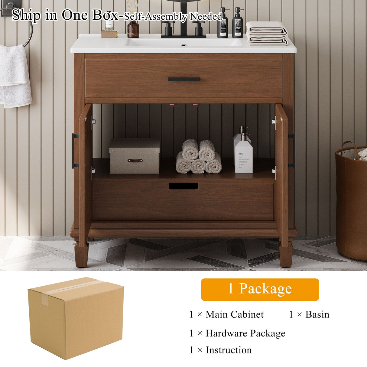 Bathroom Vanity With Ceramic Sink, Modern Free Standing Cabinet With Soft Close Drawers