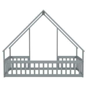 Wood House-Shaped Floor Bed With Fence, Guardrails