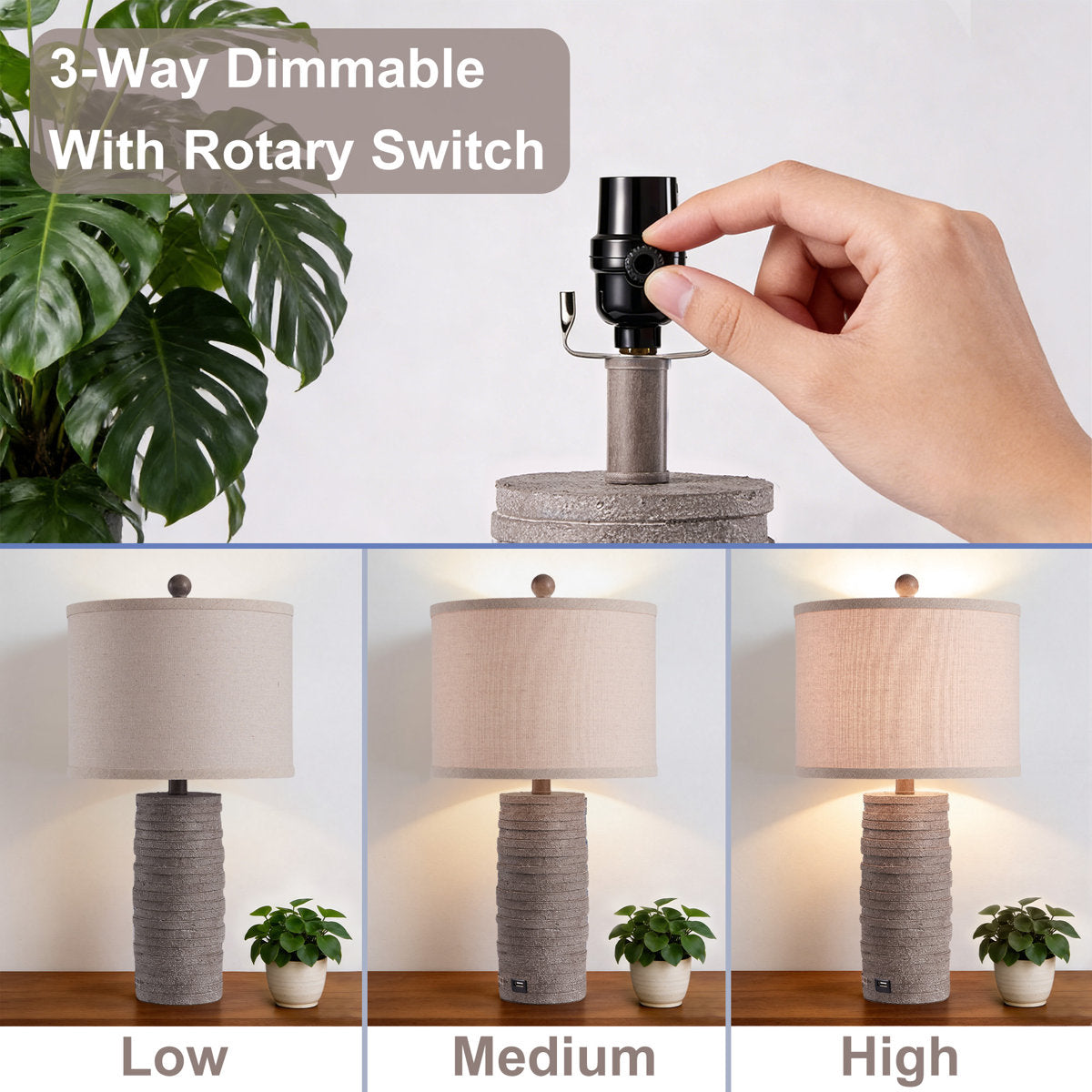 Farmhouse Resin Table Lamp, 22.6-Inch, 3-Way Dimmable with USB Port, Dark Brown, Set of 2
