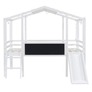 Loft House Bed With Ladder And Slide, With board And Light Strip On The Roof