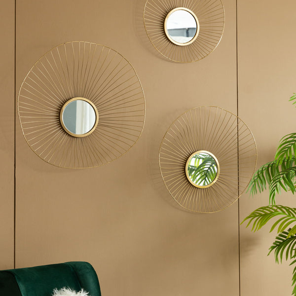 Wall Mirror Abstract Designed Wall Mirrors WithFrame For Home & Office, Top Of Sideboard (Set of 3) - Gold