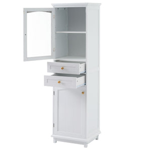 Tall Bathroom Storage Cabinet With Glass Doors, Free-Standing, Two Drawers, And Adjustable Shelves, Board, Painted Perfect For Displaying Your Favorite Items